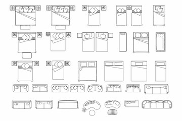 Top view of set furniture elements outline symbol for bedroom and living room. Interior icon bed and sofa.