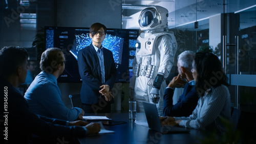 In the Conference Room of the Center of Technology Chief Engineer Presents Next Generation Space Suit to a Board of Directors Tapéta, Fotótapéta