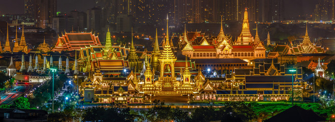 Panoramic night view of Royal Crematorium at Sanam Luang. Bangkok, 