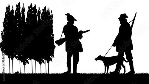 Cuadros en Lienzo chasseurs et leur chien ombres chinoises