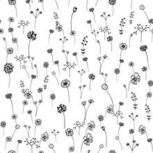 Seamless Flowers Pattern. Hand Drawn Outline Stroke . Art And Abstract Concept. Floral And Nature Theme. Thin Line Sketch. Vector Illustration. Isolated White Background