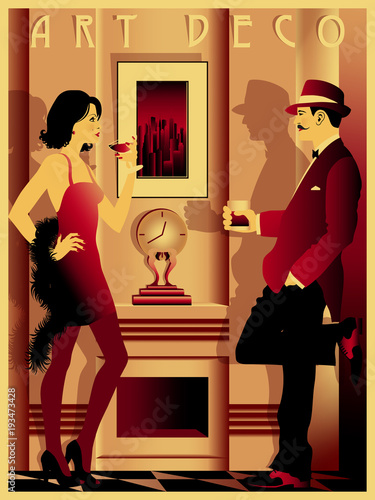Plakaty do antyram, ramek lub samoprzylepne couple-in-restaurant-in-the-style-of-the-early-20th-century-retro-party-invitation-card-handmade-drawing-vector-illustration-art-deco-style