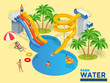 Aquapark horizontal web banner with different water slides, family water park, hills tubes and pools isometric vector illustration. design for web, site, advertising, banner, poster, board and print