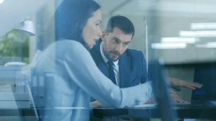 Wall Mural - Beautiful Female Manager has Discussion with a Businessman sitting at His Desk. Working on Deal they Share a Laptop, Look through Documents in Modern Office. 