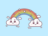 Fototapeta Dinusie - Magic rainbow with cute clouds vector kawaii style illustration