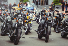 Salon Selling Motorcycles, Motorcycles Stand In A Row On The Site