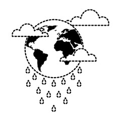 Sticker - globe planet world cloud rain storm vector illustration dotted line graphic