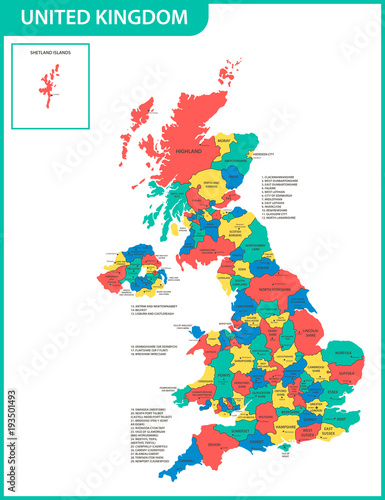 Cuadros en Lienzo The detailed map of the United Kingdom with regions or states and cities, capitals