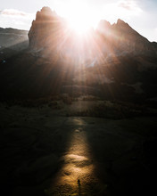 Sunrise Over Dolomites Alpe Di Siusi With Single Tree Right Where The Sunbeam Hits