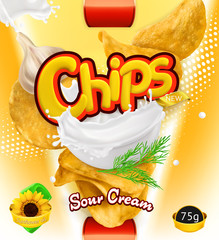 Sticker - Potato chips. Sour Cream flavor. Design packaging, 3d vector template