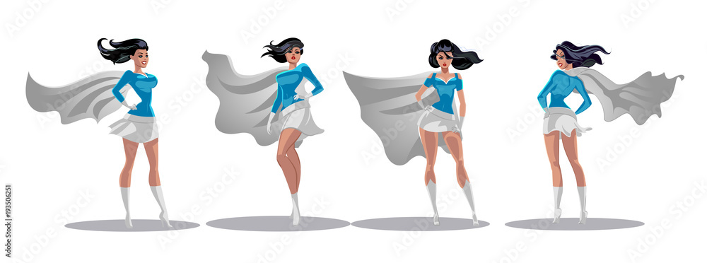 Comic superwoman actions in different poses. Female superhero vector cartoon characters. Illustration of superhero woman cartoon