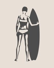 Wall Mural - woman posing with surfboard. monochrome silhouette. vintage surfing graphic and emblem for web desig