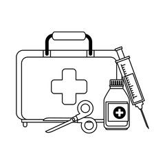 Poster - medical kit with scissors and bottle vector illustration design