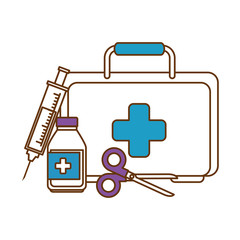 Canvas Print - medical kit with scissors and bottle vector illustration design