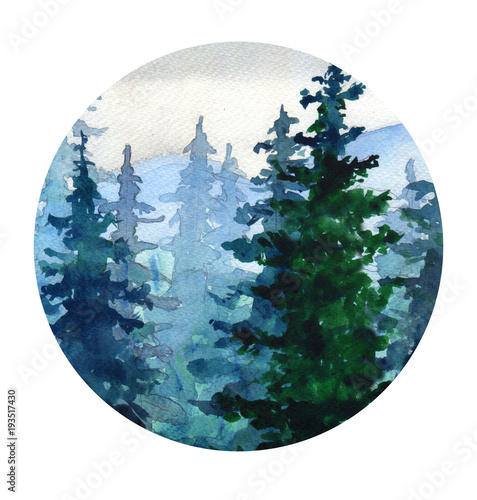 Fotografie, Obraz .Watercolor landscape with Pine forest, mountains
