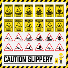 Set Of Safety Caution Signs And Symbols Of The Slippery Surface, Labels And Signs Using For All Slippery Surfaces Prevention.