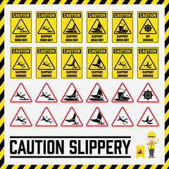 Set of safety caution signs and symbols of the slippery surface, Labels and signs using for all slippery surfaces prevention.