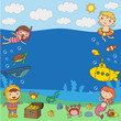 Underwater. Kids waterpark. Sea and ocean adventure. Summertime. Kids drawing. Doodle image. Cartoon creatures with children. Boys and girls swimming