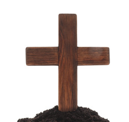 Wall Mural - Wooden cemetery cross against white background