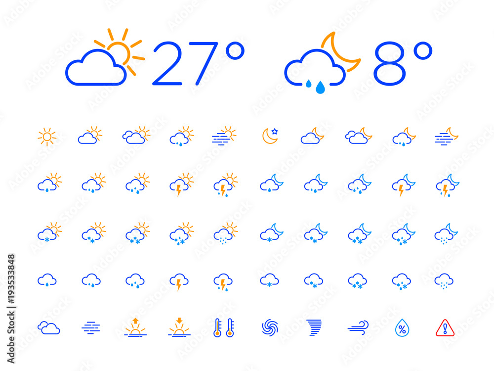 Vector de Stock Set of 50 simple modern thin line weather icons for web ...