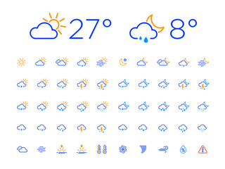 set of 50 simple modern thin line weather icons for web or mobile app. clean sharp outline flat desi