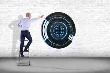 Poster - Businessman in front of a wall with a Shinny technologic globe button - 3d render