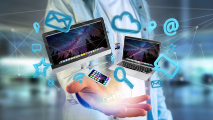 Devices like smartphone, tablet or computer flying over connection network and app- 3d render