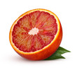 Half red blood orange with leaves isolated on white background.