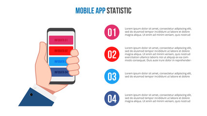 Wall Mural - Vector human hand holds a mobile phone. Can be used for workflow layout, diagram, number options, step up options, web design, banner template, infographic.