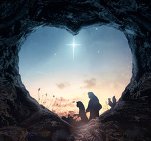 Christmas Religious Nativity Concept: Silhouette Mother Mary And Father Joseph Looking Jesus Born In Birth Manger On Christmas Eve - 3d Illustration