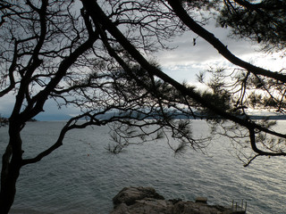 Europa. Adriatic Sea-2017. Calm sea and dark clouds through which goes the light and reflects on the surface of the sea. Land on the horizon. Silhouette of trees