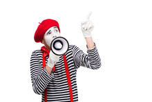 Mime Speaking In Megaphone And Pointing Up Isolated On White