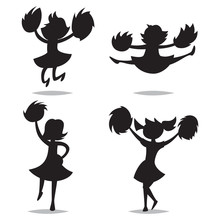 Cheerleaders With Pom-poms Black Silhouette Of Children. Vector Cartoon Kids Icons Isolated On White Background.