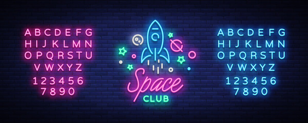 Wall Mural - Space nightclub logo in neon style. Neon Sign, Light Banner, Night Bright Night Club Advertising. Disco. Design template for invitation party. Vector illustration. Editing text neon sign