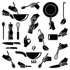 Wall Mural - Cooking and kitchen tool with hand icon collection - vector silhouette illustration