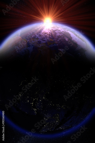 Fotografía 3D rendering of a sunrise over planet earth
