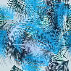 Pattern from tropical palm leafs. Vector blue fabric blue wallpaper design