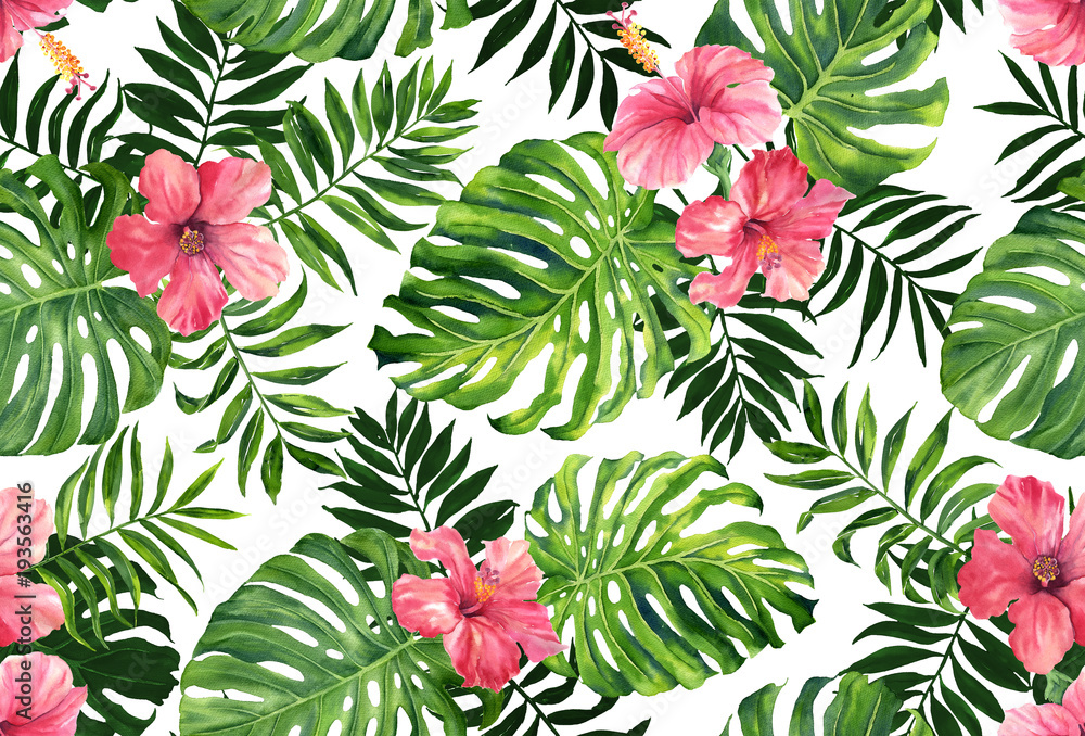 Seamless pattern with monstera and palm leaves on white background.Tropical camouflage print. - obrazy, fototapety, plakaty 