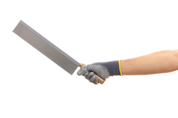 Sticker - Hand holding a saw on white background