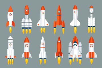 space rocket start up launch symbol innovation development technology flat design icons set template
