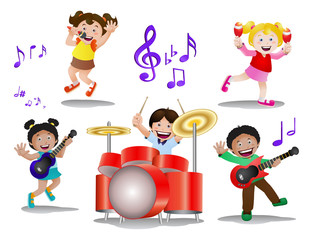 Wall Mural - kids playing music instrument on isolated