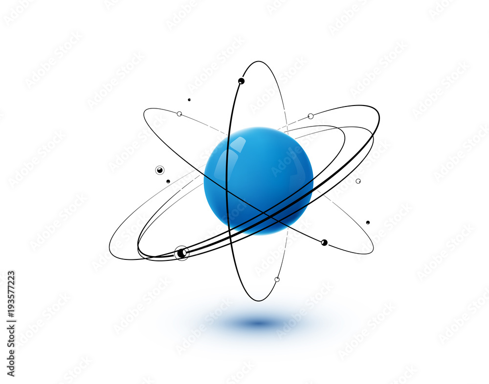Atom with blue core, orbits and electrons isolated on white background - obrazy, fototapety, plakaty 