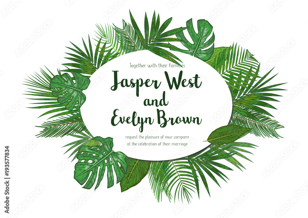 Wedding Invitation, floral invite card Design with green tropical ...
