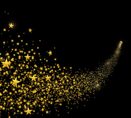 Wall Mural - falling golden stars, dust. shooting star with rounded trail isolated on black