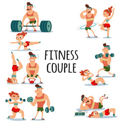 Fitness couple man and woman doing exercise. Workout girl and guy vector cartoon illustration isolated on a white background. Healthy lifestyle set.