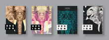 Elephant Covers Set. Future Poster Template. Geometric Animal. Polygonal Halftone. Elephant Silhouette Illustration.