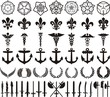 Heraldic elements set: rose, llily, caduceus, anchor, laurel wreath, sword