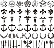 Heraldic Elements Set: Rose, Llily, Caduceus, Anchor, Laurel Wreath, Sword