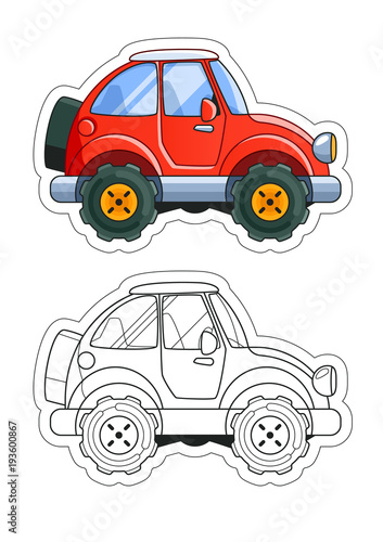 red cartoon car side view coloring book colored version