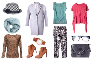 spring women's clothes set collage isolated.